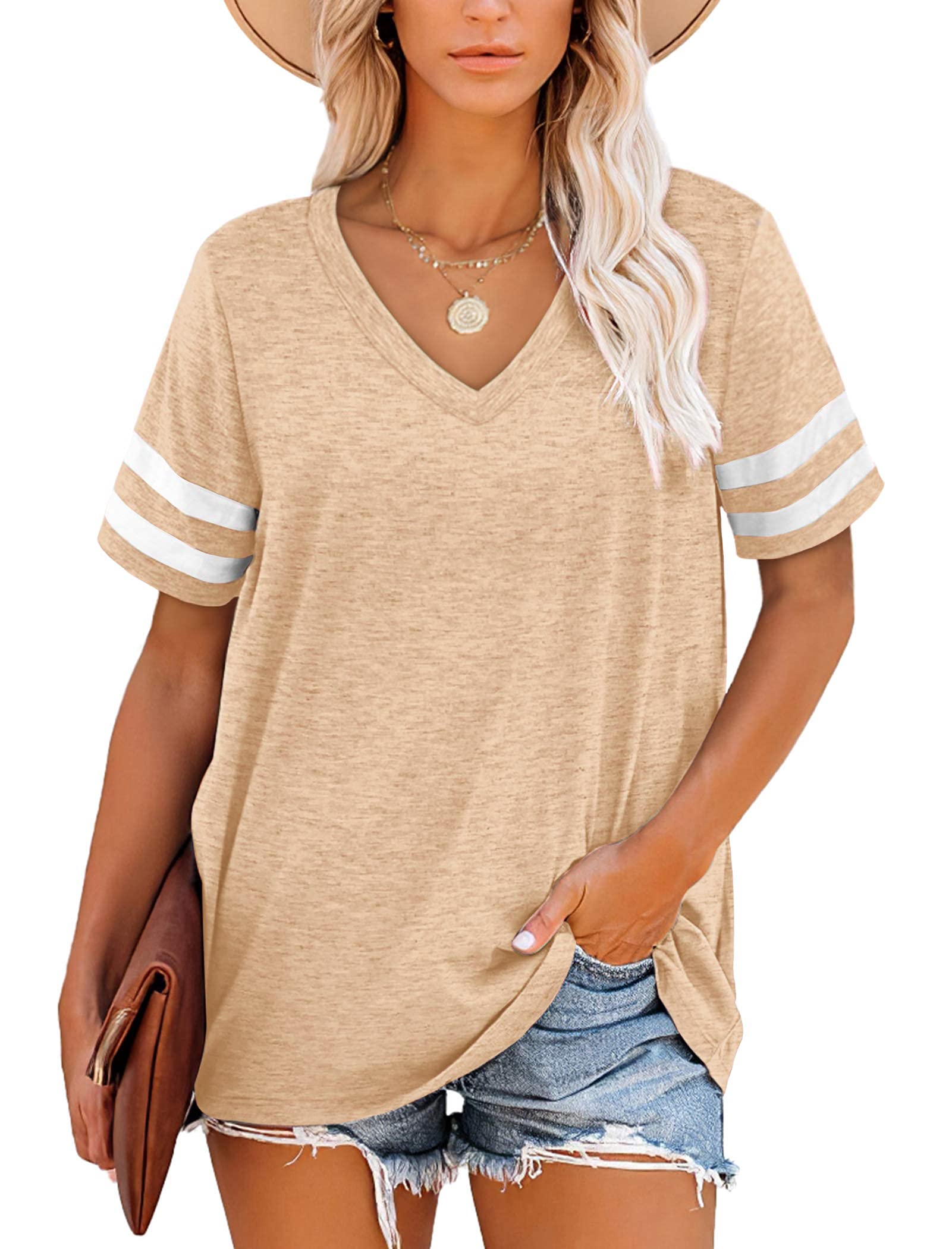 MOLERANI T Shirts for Women Short Sleeve V Neck Striped Summer Tops Casual Loose Tee Apricot 3XL
