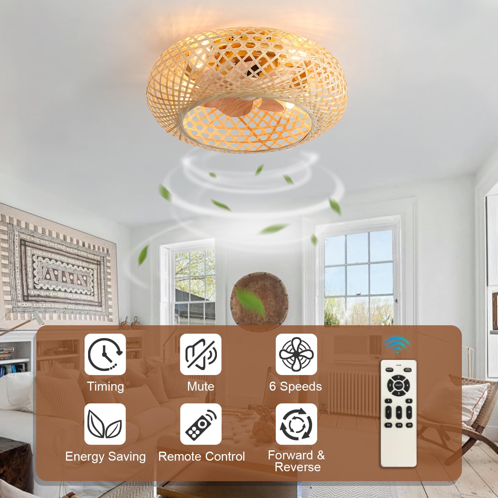 YFouCnd I 19.6" Rattan Weaving Ceiling Fans With Lights, 6 Speed Reversible And Remote Control, Caged Ceiling Fan With Light E27 X 4-Bulb Farmhouse Woven Ceiling Fan Light For Bedroom Dining Room, B