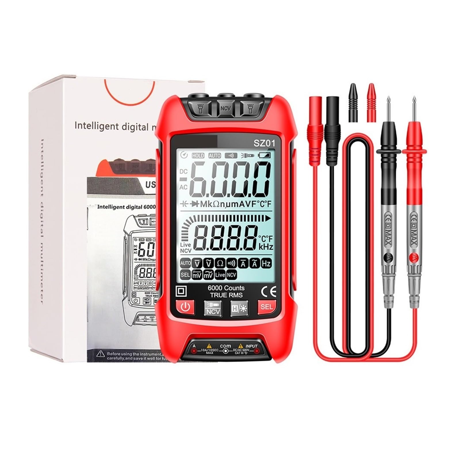 Multímetro Digital 6000/9999 Recuentos DC/AC Probador De Resistencia De Corriente De Voltaje Valores Eficaces Verdaderos Medidor De Capacitancia Eléctrica Automática(Red SZ01)