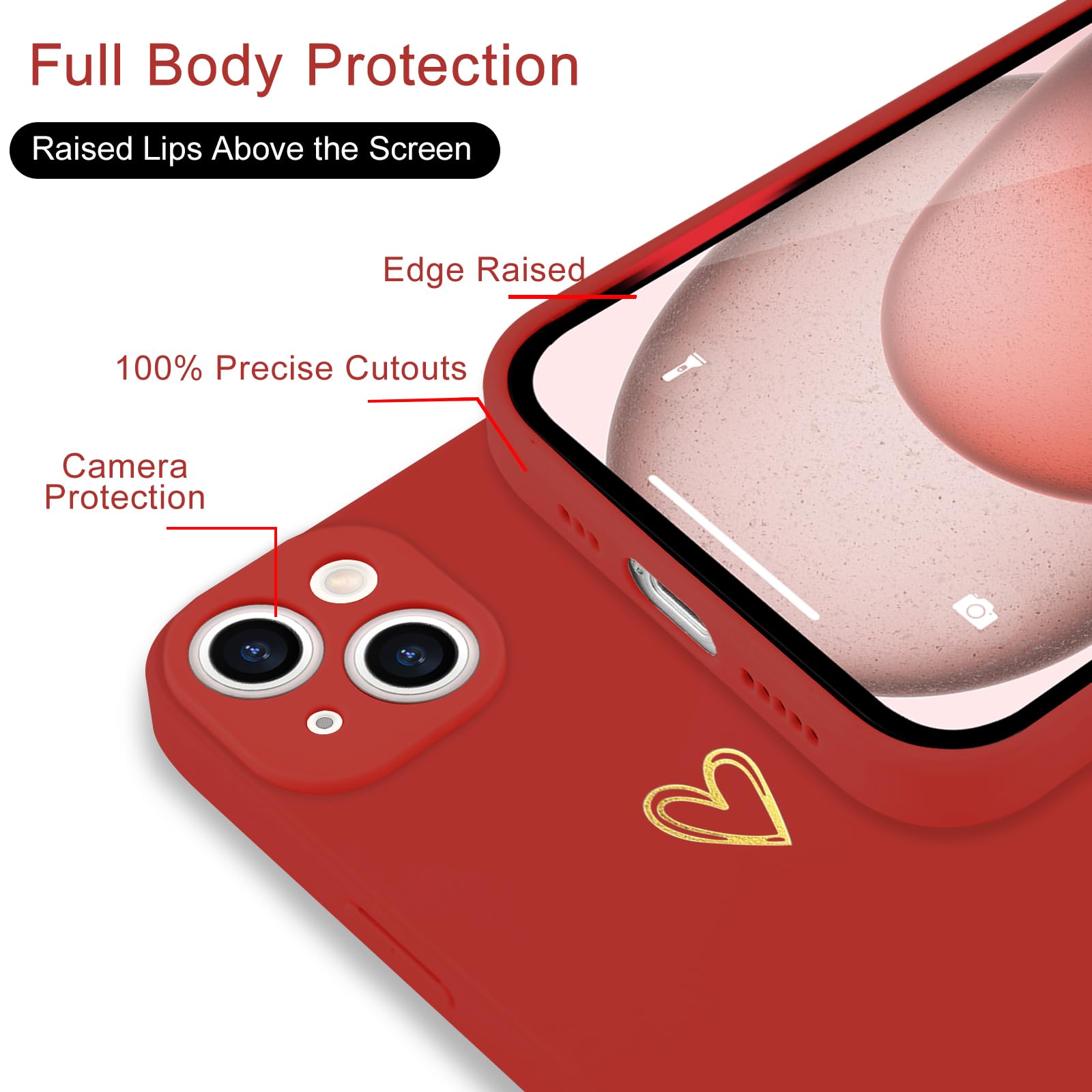 Wirvyuer for iPhone 15 Plus Case Cute Heart Pattern Soft Shockproof Protective Silicone Phone Case for Women Girls Bright Red - Image 4