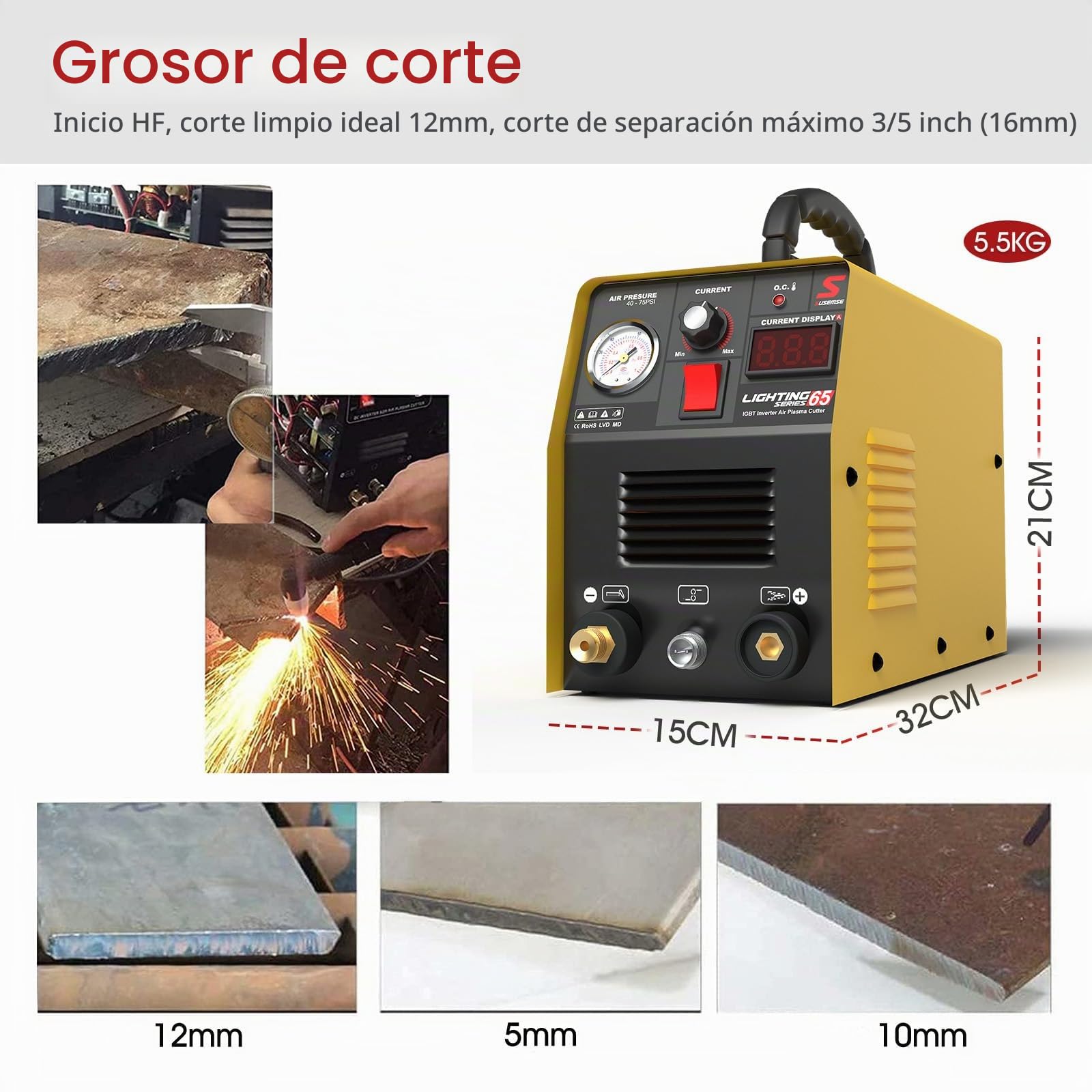 SUSEMSE Cortador de plasma de 65 amperios IGBT Inverter Plasma (DC, 230 V, corriente de corte 20-65 A, potencia de corte máx. hasta 16 mm)