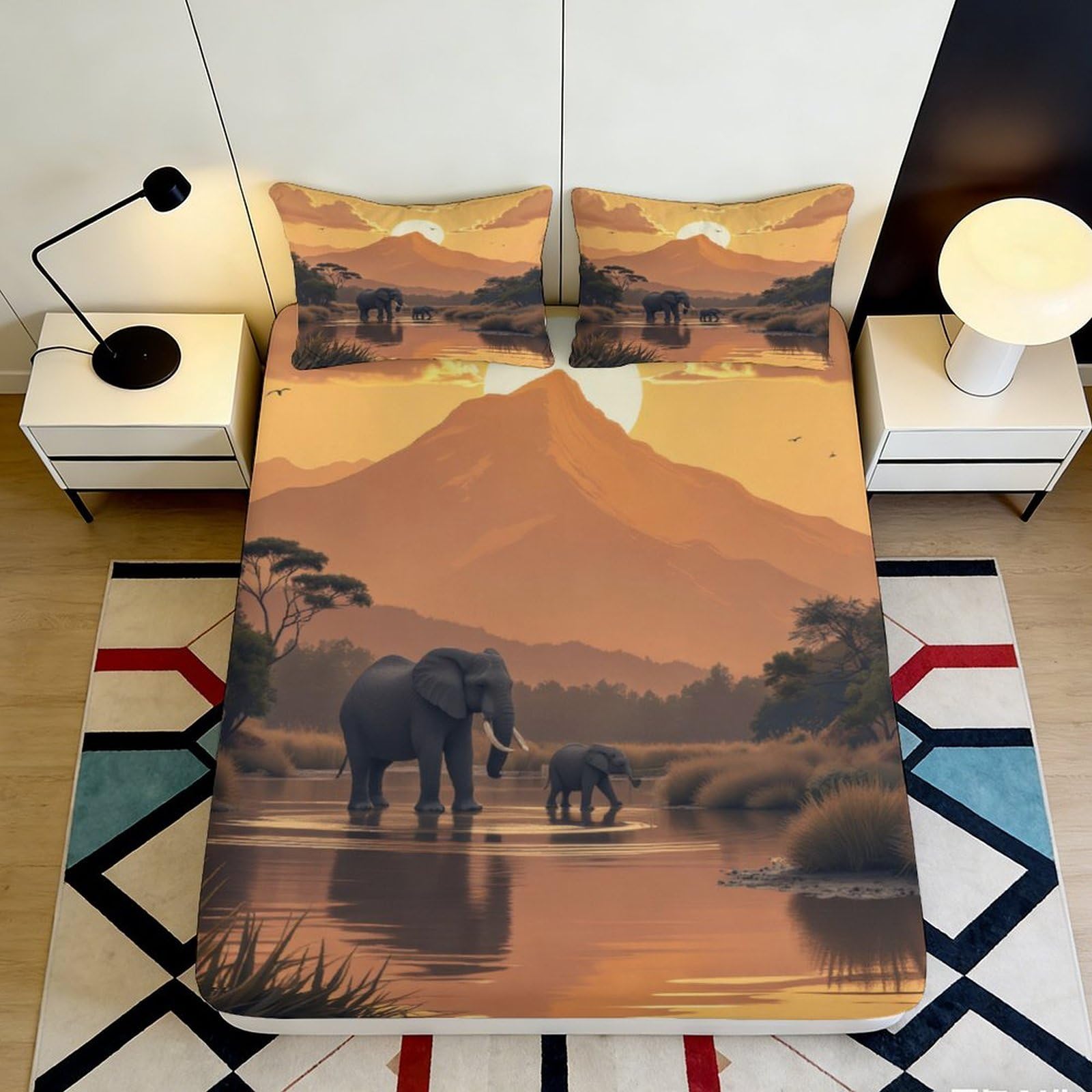 Jqzkxnhpbr Style-2 3D Printed African Elephant Sunset Fitted Sheet Microfiber Soft Bed Cover Safari Landscape Mattress Decor 90X200x25cm