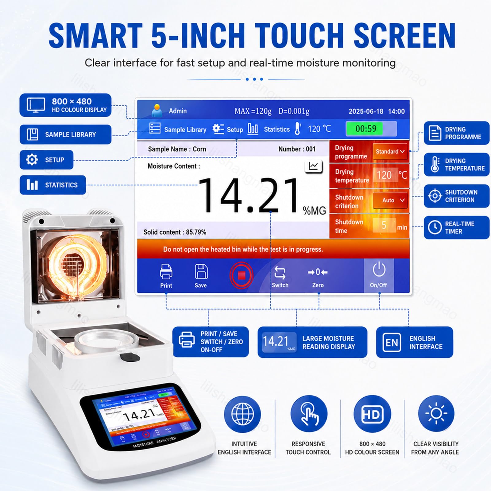 Balanza analizador de humedad, capacidad de 120 g, legibilidad del 0,01%, pantalla táctil de 5 pulgadas, temporizador, interfaz RS-232 para laboratorio y control de calidad