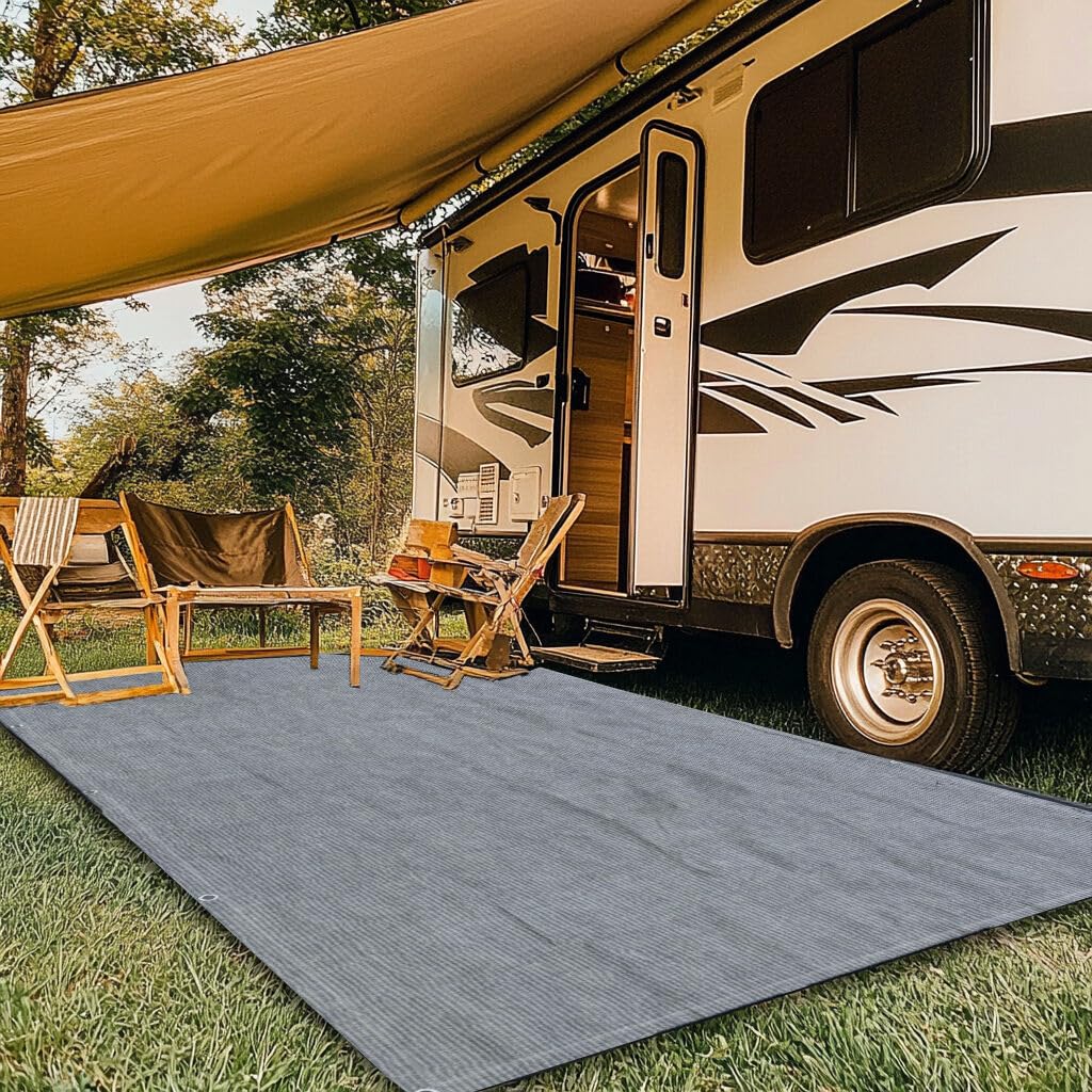 FoundGo Awning Carpet HDPE Camping Outdoor Rug with Eyelets,Nails,Broom,for RV,Patio,Backyard,Picnic,Beach,Trailer 9'*6' (2.74 * 1.83m)-Blue Grey