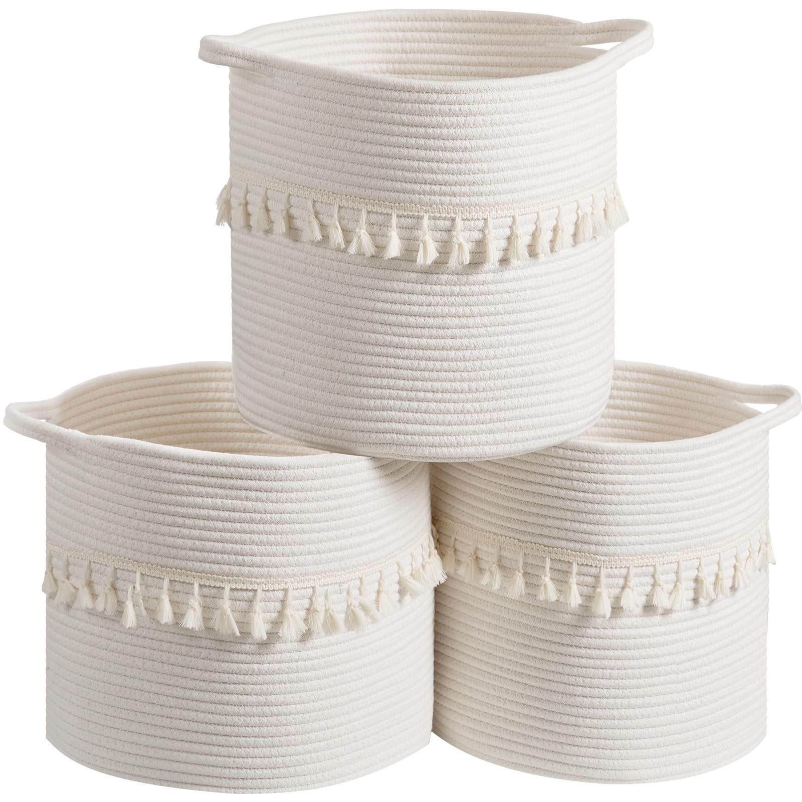danpinera Baskets for Organizing, 3 Pack White Storage Baskets for Shelves with Tassel, 13 Inch Round Woven Baskets for Storage in any Room