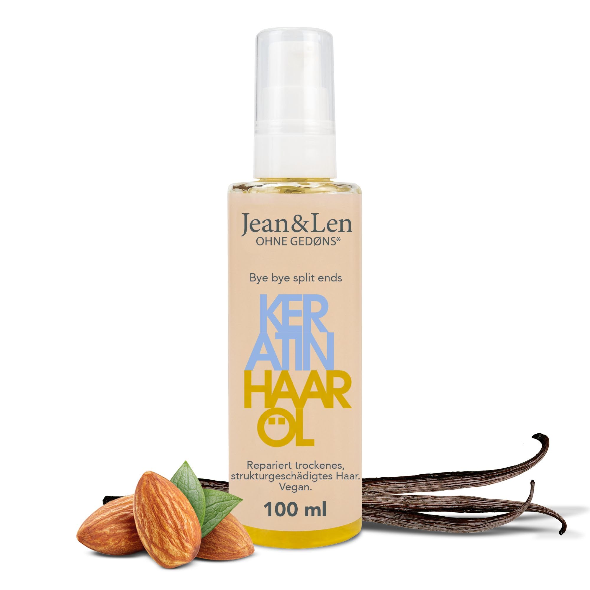 Jean & Len Haaröl Keratin, Anti-Frizz-Effekt, mit pflanzlichem Keratin, für trockenes und strukturgeschädigtes Haar, duftet nach Mandel und Vanille, ohne Silikone, vegan, 100 ml