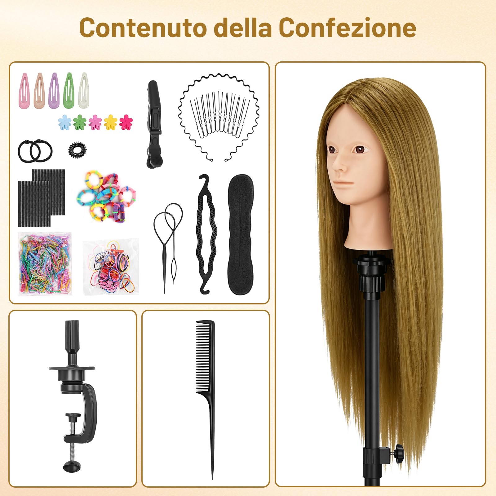 TwoWin Testa Parrucchiere 26 Pollici 66 cm Capelli Veri 80% Marrone dorato