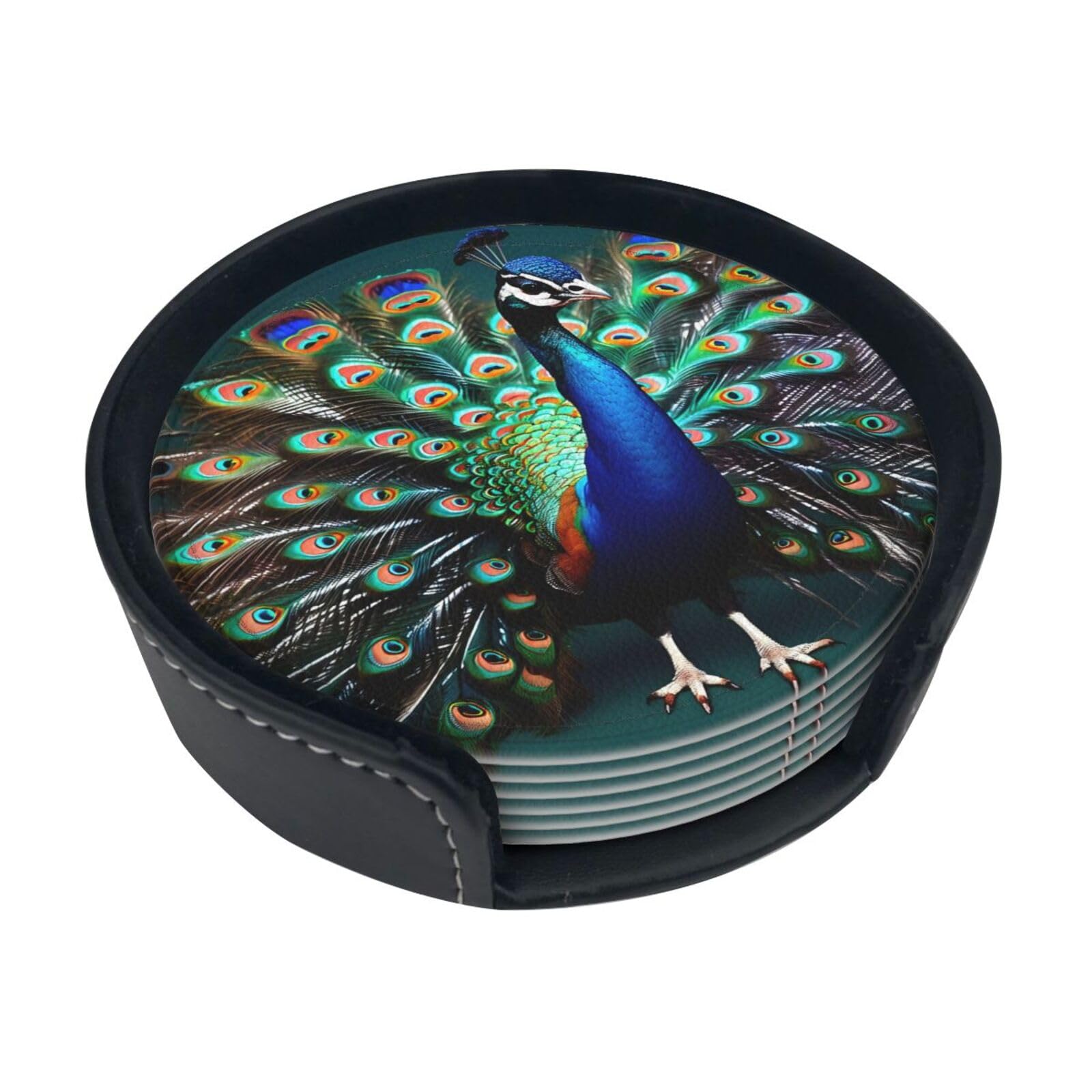 Pixole Beautiful Peacock Funny Coasters, 6 Pcs Leather Coasters With Holder, Perfect Housewarming Hostess Gifts