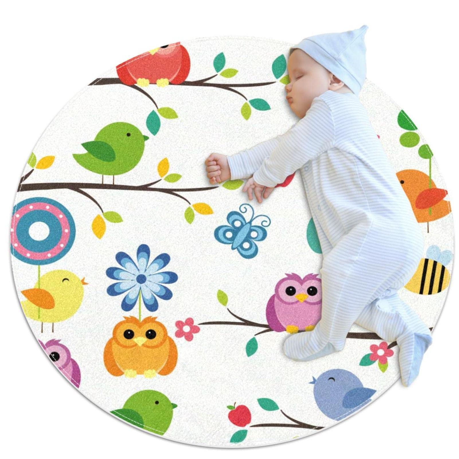 Alfombra redonda para niños y niñas JDEZ con estampado de pájaros para zona de juegos de 80cm