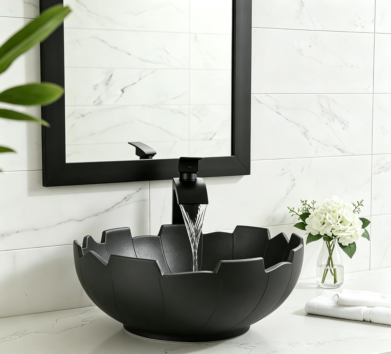 16" Black Round Ceramic Vessel Sink with Waterfall Faucet and Pop-up Drain, Modern Above Counter Bathroom Sink