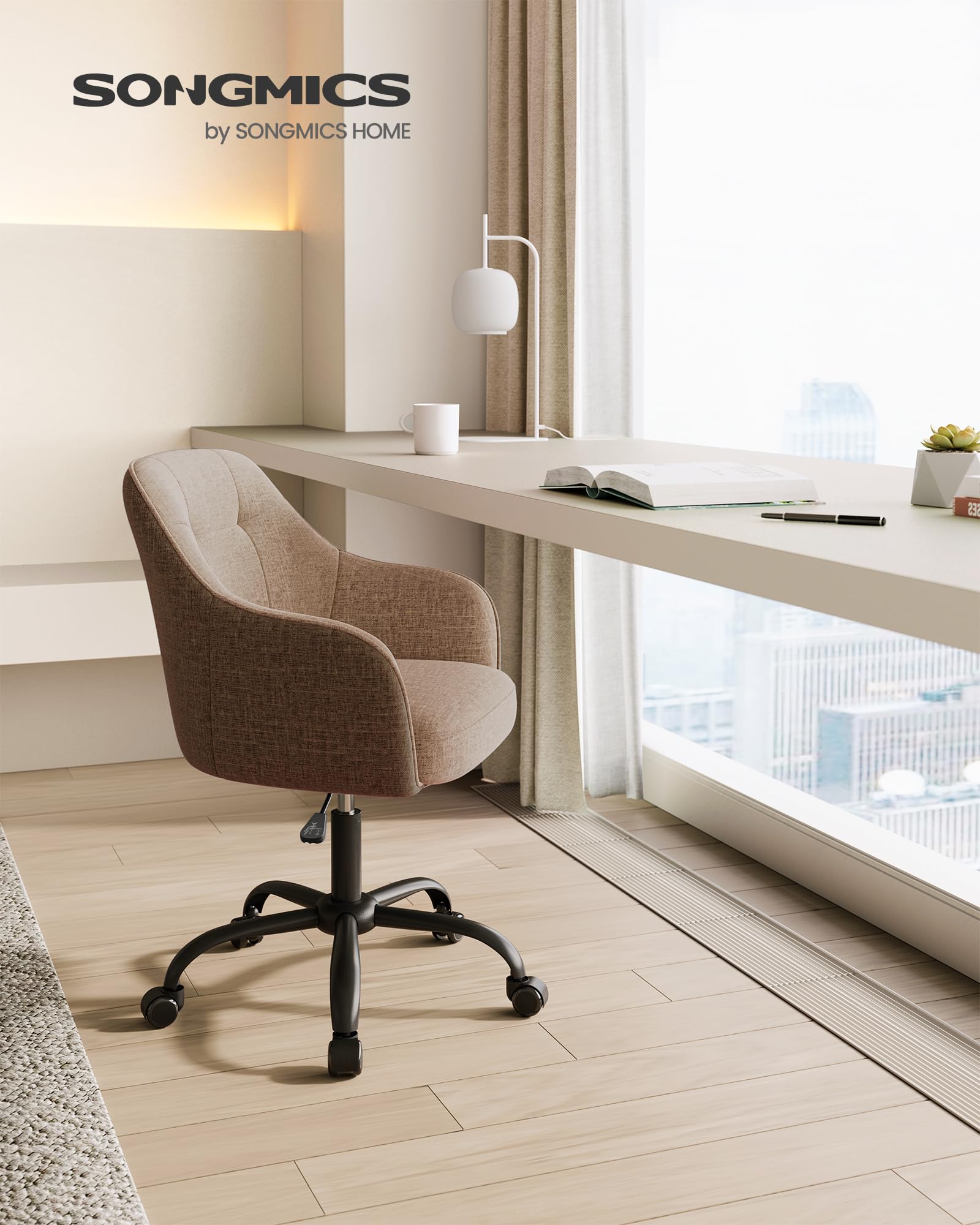 SONGMICS Chaise de Bureau, Fauteuil Ergonomique, Siège Pivotant, Réglable en Hauteur, Capacité 110 kg, Cadre en Acier, Tissu en Coton-Lin Respirant, pour Bureau, Chambre, Marron OBG019K01