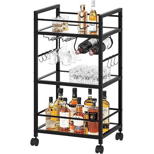 Bar Cart, Serving Cart for Home, Microwave Cart, Drink Cart, Mobile Kitchen Shelf with Wine Rack and Glass Holder, Rolling Beverage Cart for Dining Room, Black