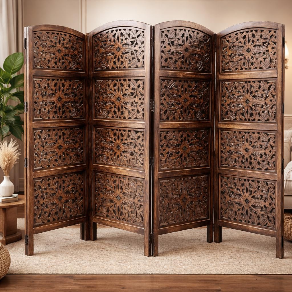 Home & Goods International Wooden Room Divider Partition – 5-FT Folding Privacy Screen Decorative Freestanding Panel for Home, Office & Studio with Wagon Design Cutout (Brown, 4 Panel)-image-8