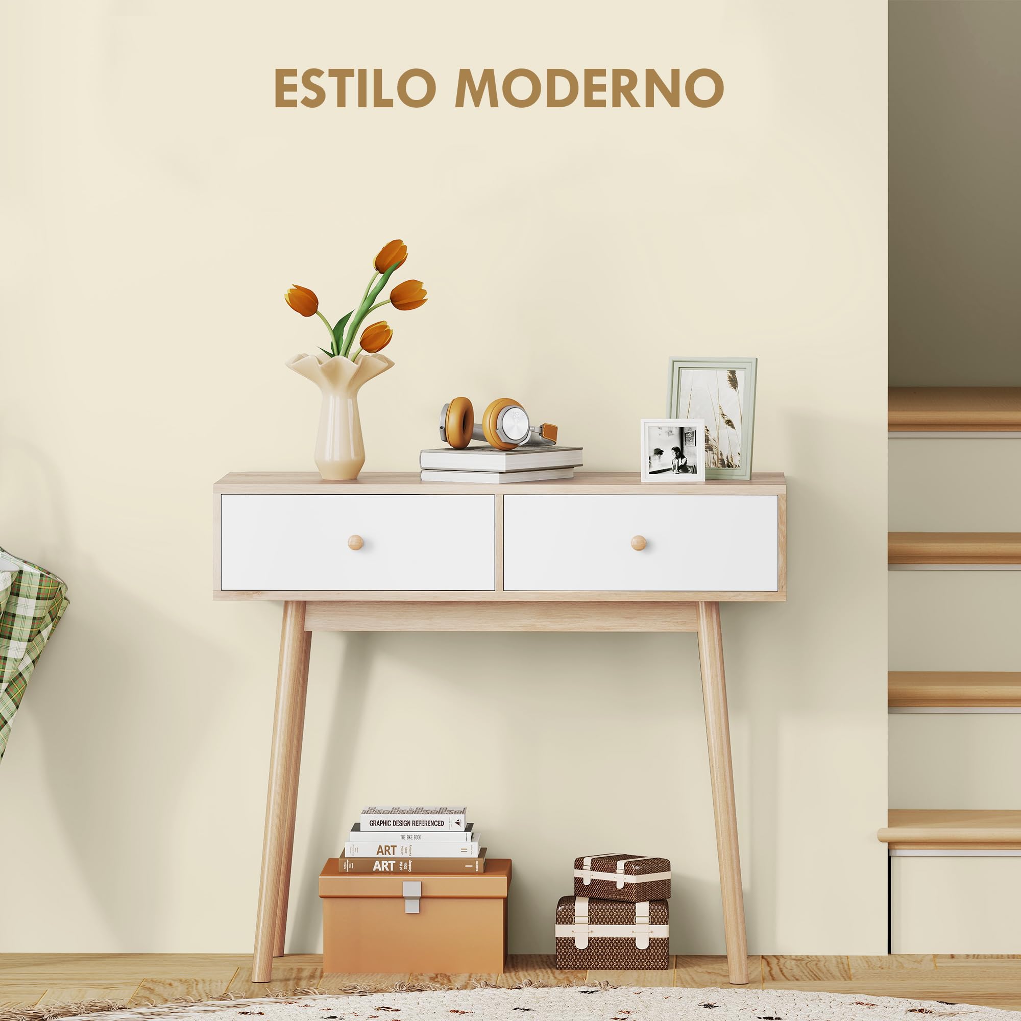 HOMCOM Mesa de Consola Estrecha Consola de Recibidor Mesa de Sofá con 2 Cajones Estilo Moderna para Pasillo Entrada Salón Dormitorio Roble