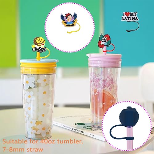 Miniatura 10 de 7 piezas de paja de vaca cubierta de paja de silicona para vasos, pajitas reutilizables, lindas puntas de paja cubierta