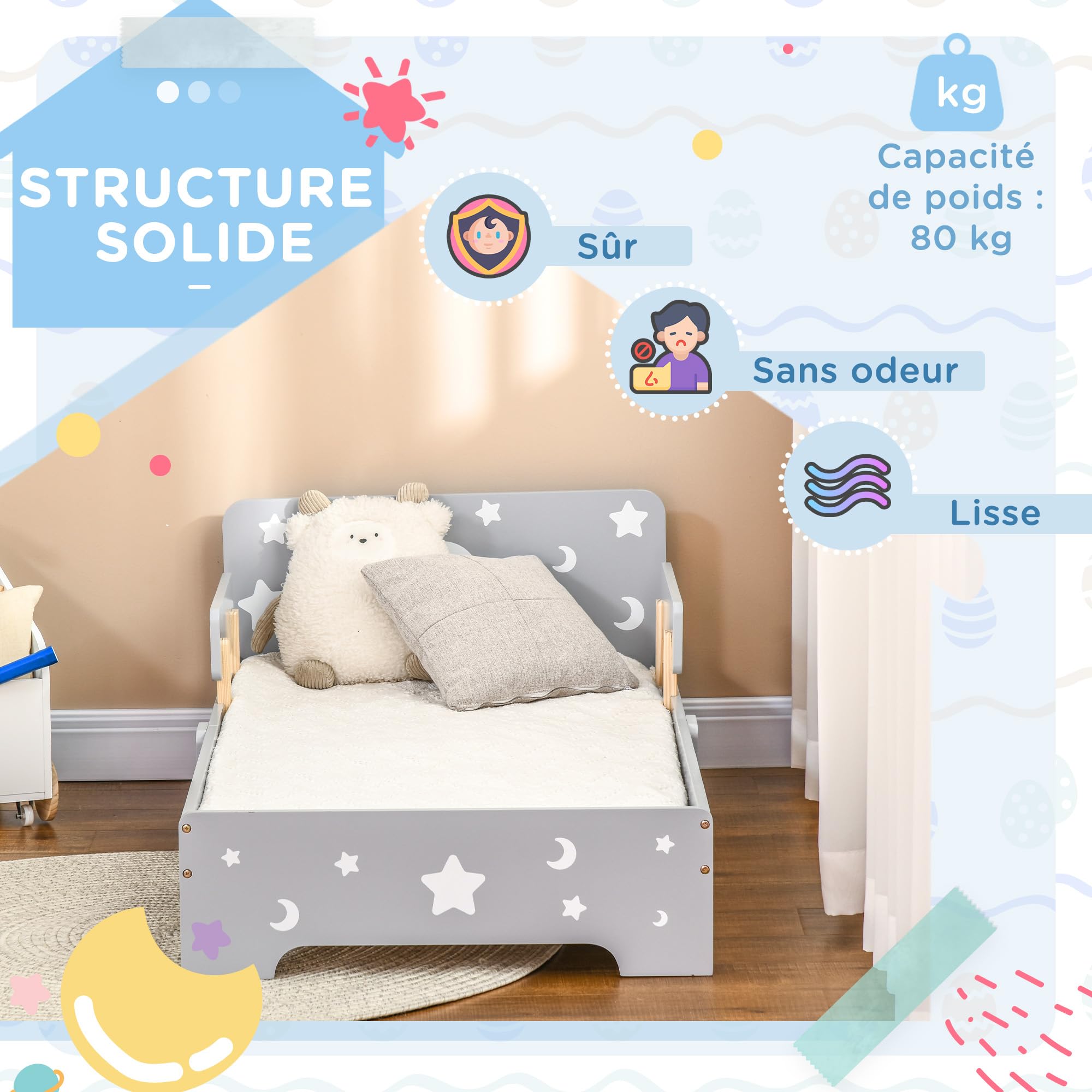 ZONEKIZ Lit pour Enfants 3 à 6 Ans Design Étoiles et Lune 143 x 76 cm Gris