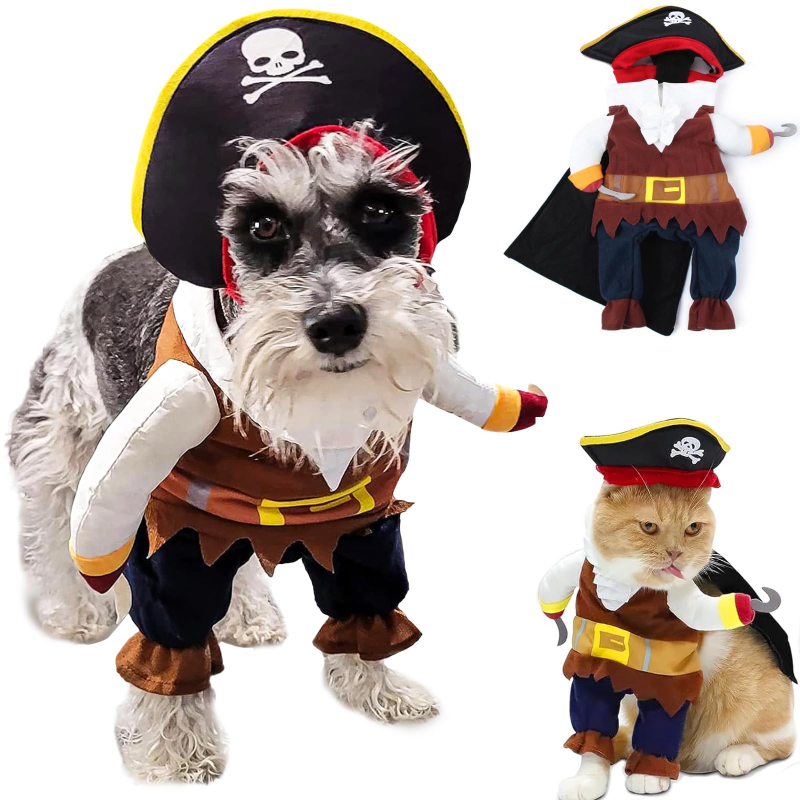 Dog Pirate Costume Pirates of The Caribbean Style Cat Costumes 2PCS Funny Halloween Dog Outfit with Hat Small Medium Pet Cosplay Clothes Cute Captain Apparel Party Dress (Pirate Captain Doll, Small)