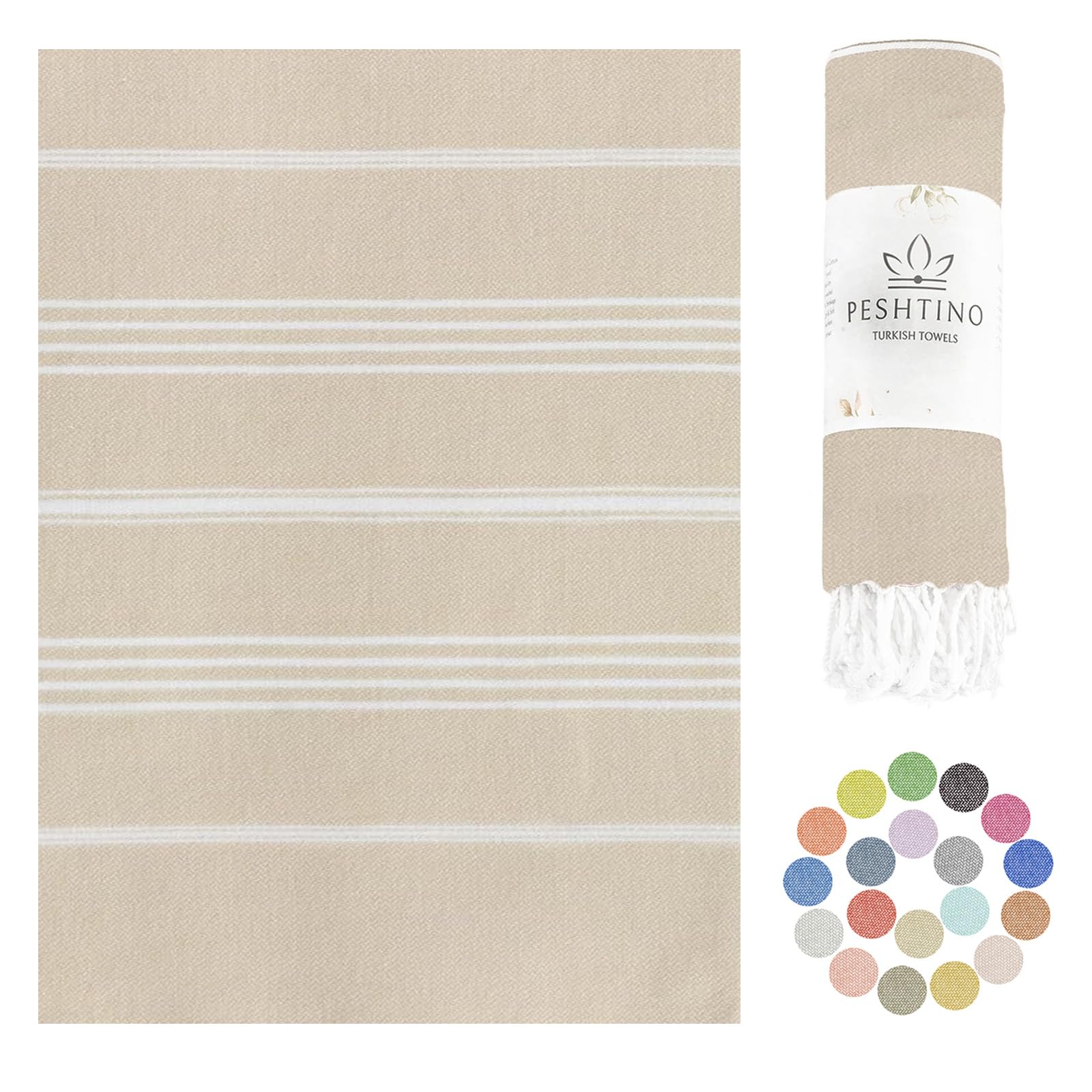 Turkish Beach Towel, 100% Cotton, 38x71 inch, Quick Dry, Thin, Lightweight, Soft, Sand Free, Compact Towels for Beach, Pool, Bathroom, Spa, Yoga, Picnic and Travel (Beige)