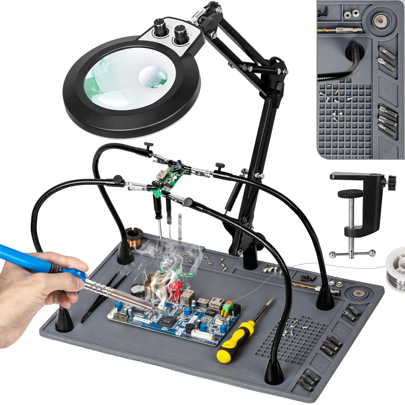 30X/12X dwuogniskowa silikonowa mata, pomocne dłonie, stacja lutownicza, szkło powiększające ze światłem, do naprawy elektroniki, hobby, 4 ramiona PCB, nieskończone kolory, bezstopniowe