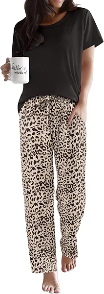 Ekouaer Pajama Sets for Women 2 Piece Short Sleeve Pj Sets With Long Printed Pants Loose Lounge Sets Leopard Small