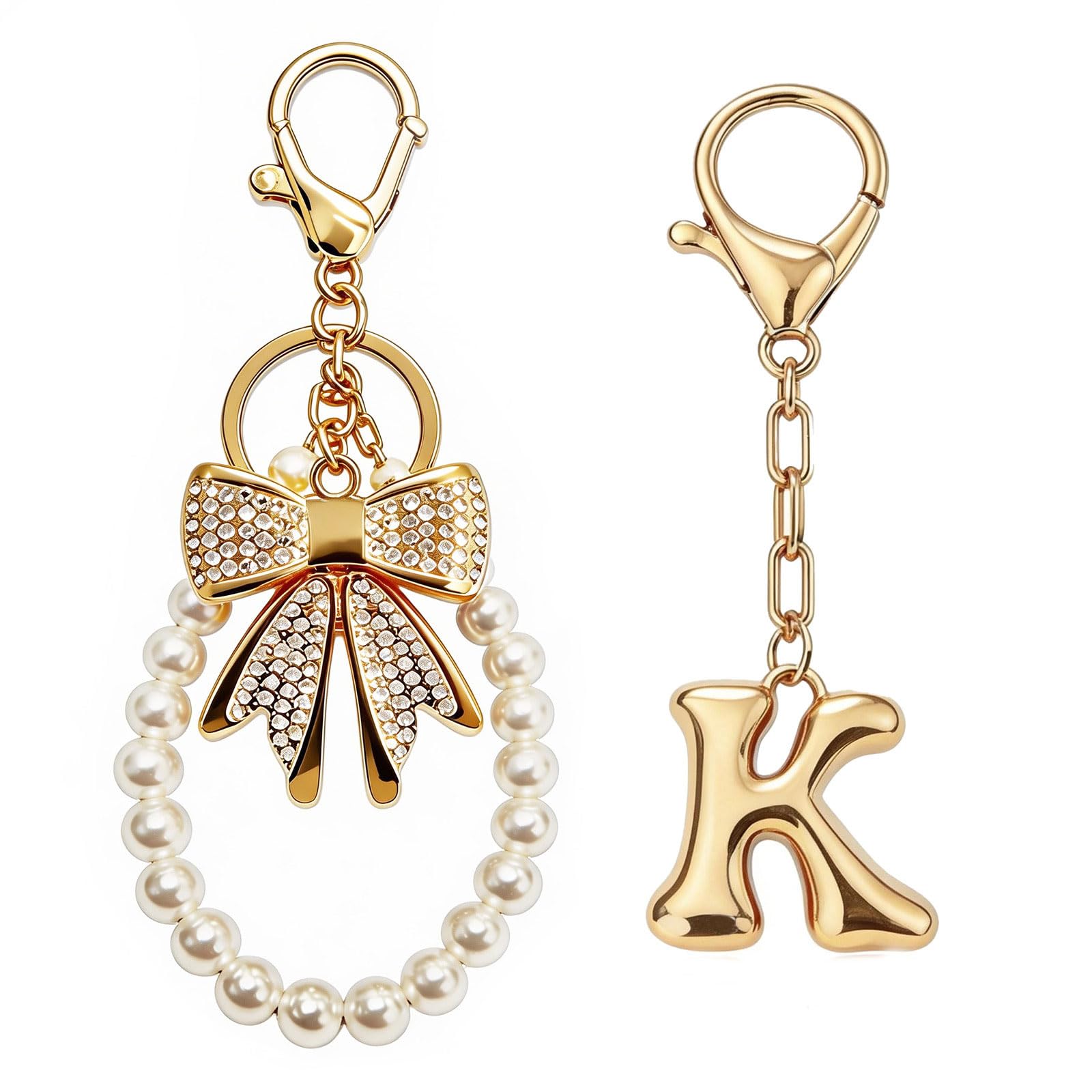 Initial Bag Charms Keychain - 2 Pcs Cute Bow Pearl Women Keyring