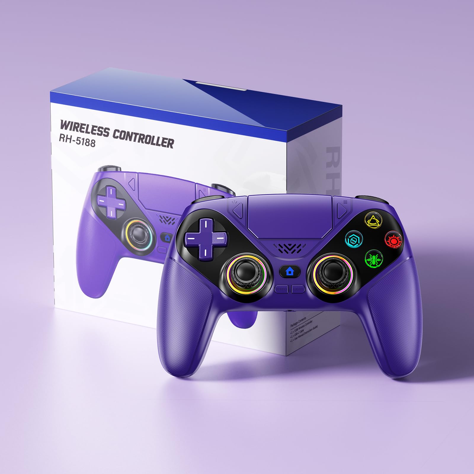 Controller wireless per PS5/PlayStation 5 e PC - Viola, gamepad Bluetooth con Turbo, sensore di movimento a 6 assi, pulsanti programmabili, illuminazione RGB, jack audio da 3,5 mm