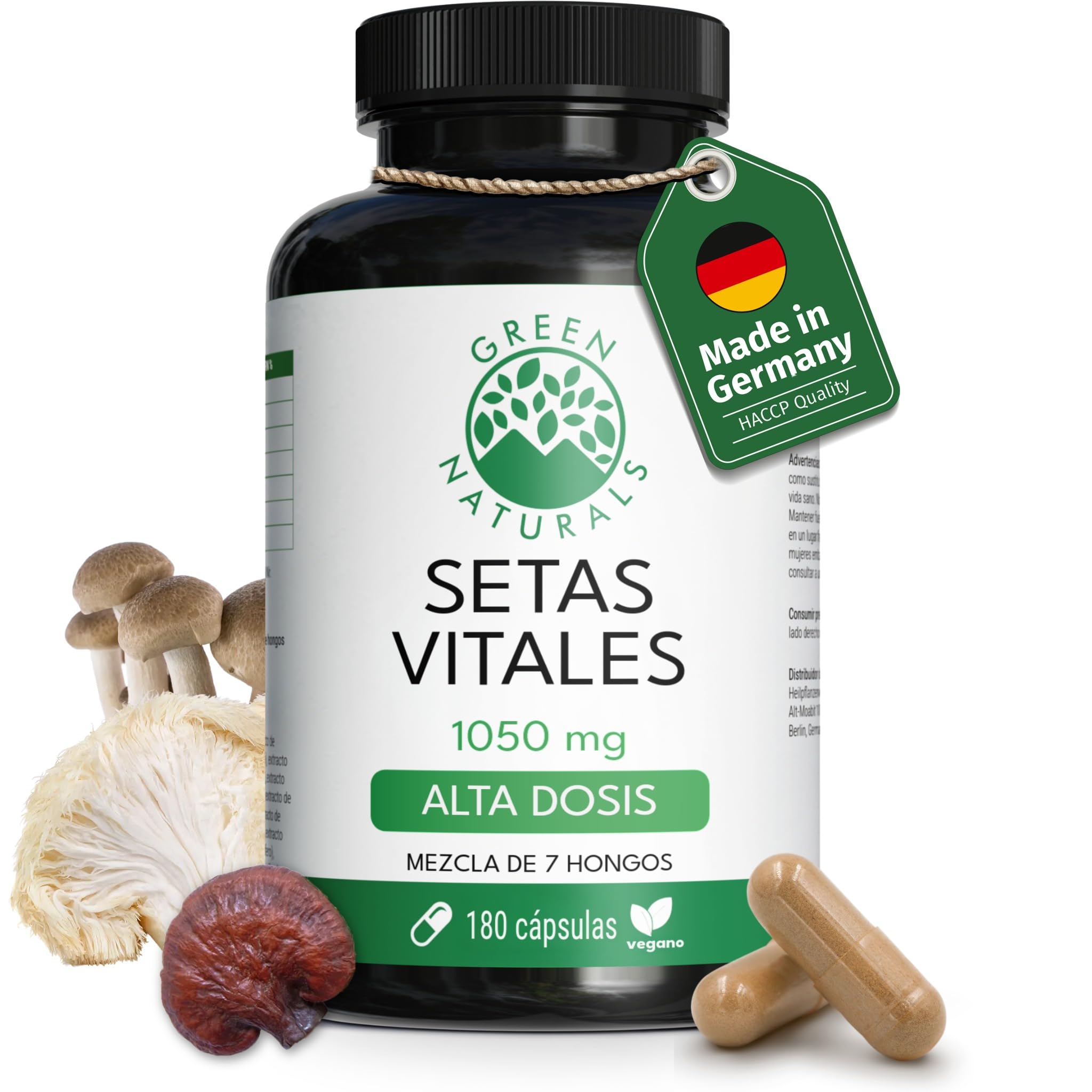 Green Naturals Complejo 7 Hongos Medicinales alta dosis – 1 050 mg/dosis (150 mg de Reishi, Cordyceps, Shiitake, Maitake, Hericium, Agaricus, Chaga) – vegano, sin aditivos – 180 cápsulas