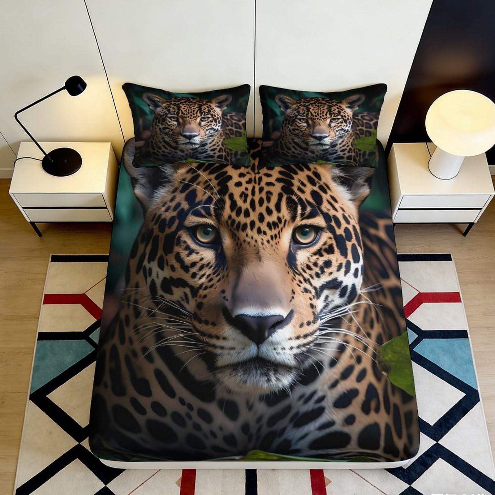 3D Printed Jaguar Pattern Fitted Sheet Microfiber Durable Soft 3D Leopard Print Mattress Cover for Bedroom Dormitory Guest Room Bed Protection 140x200x25cm