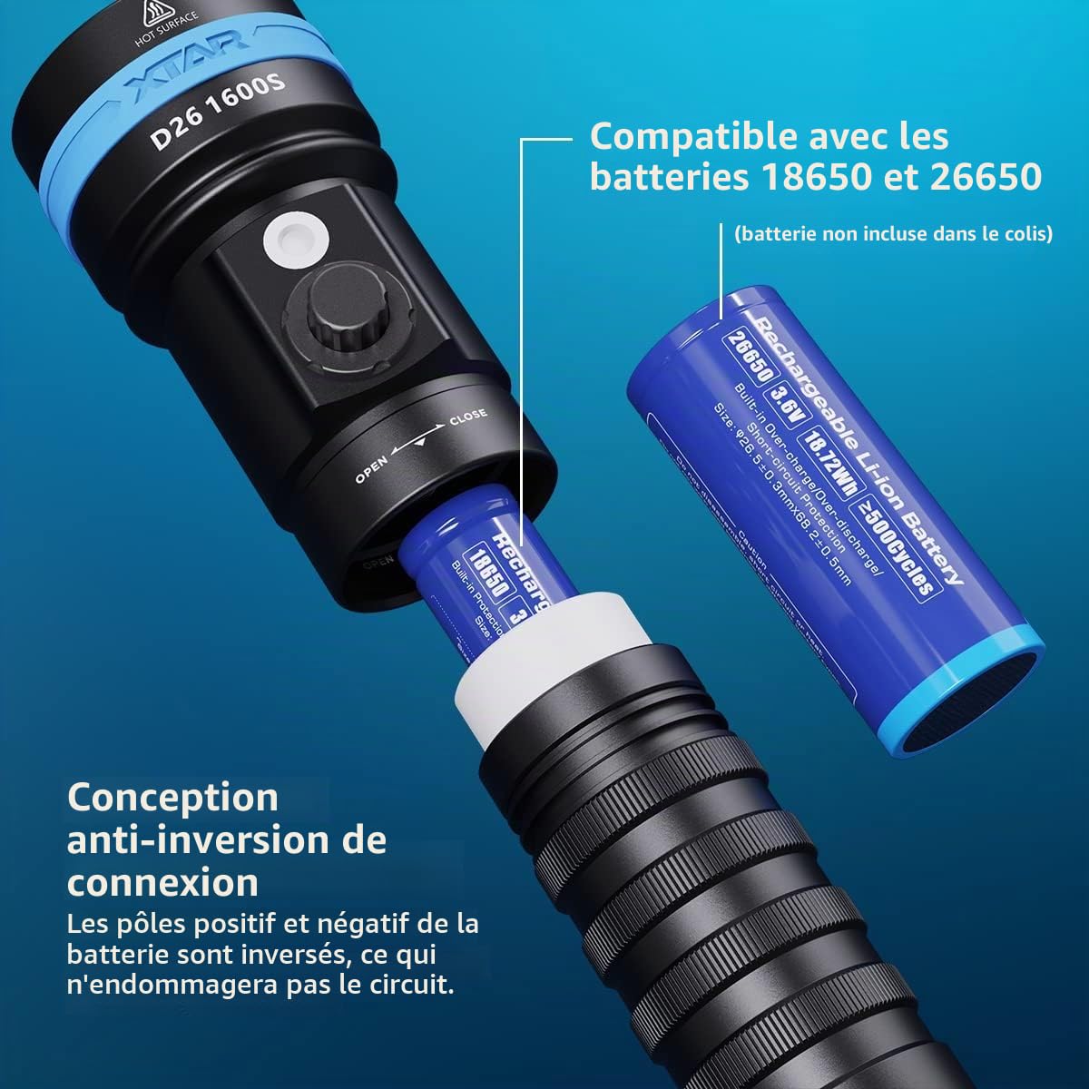 XTAR D26 1600S Lampe de poche sous-marine 1600 lm 4 modes IPX8 pour exploration en plein air et sports nautiques (pas de batterie)