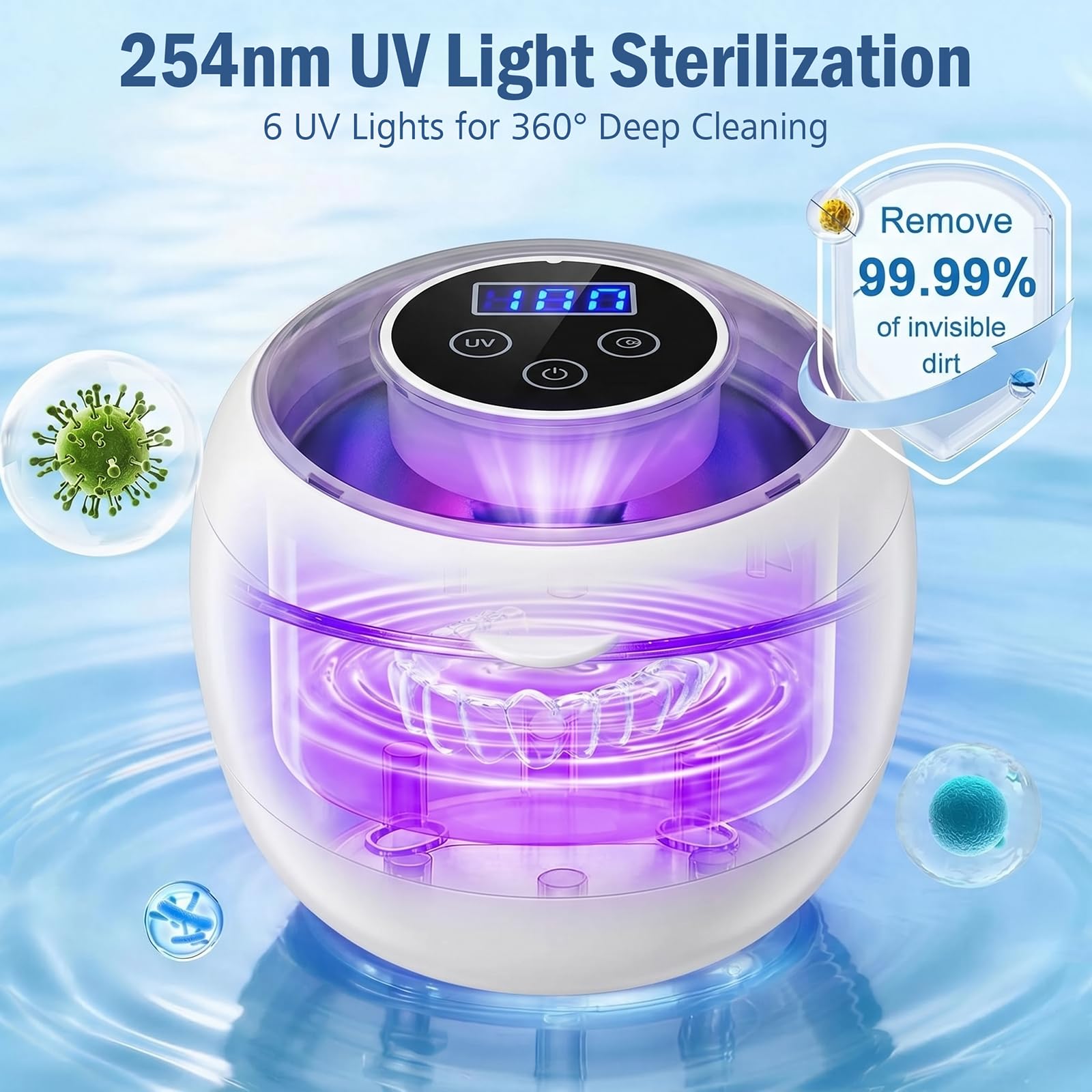 Nettoyeur Ultrasons, 45kHz Rechargeab Ultrasonic Cleaner avec Lampe UV LED, 4 Modes Programmables pour Prothèse Dentaire, Aligneur Adulte, Gouttière, Bijoux Argent, Montres Étanches, Têtes de Rasoir