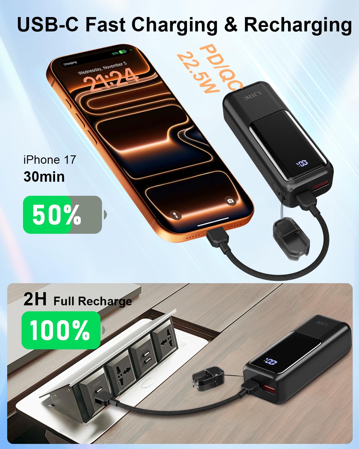 Mini cargador portátil, tamaño de bolsillo de 10000 mAh, 22,5 W, cargador de carga rápida, cable USB C desmontable integrado, paquete de batería ultra pequeño, cargador de viaje para iPhone 17/16/15