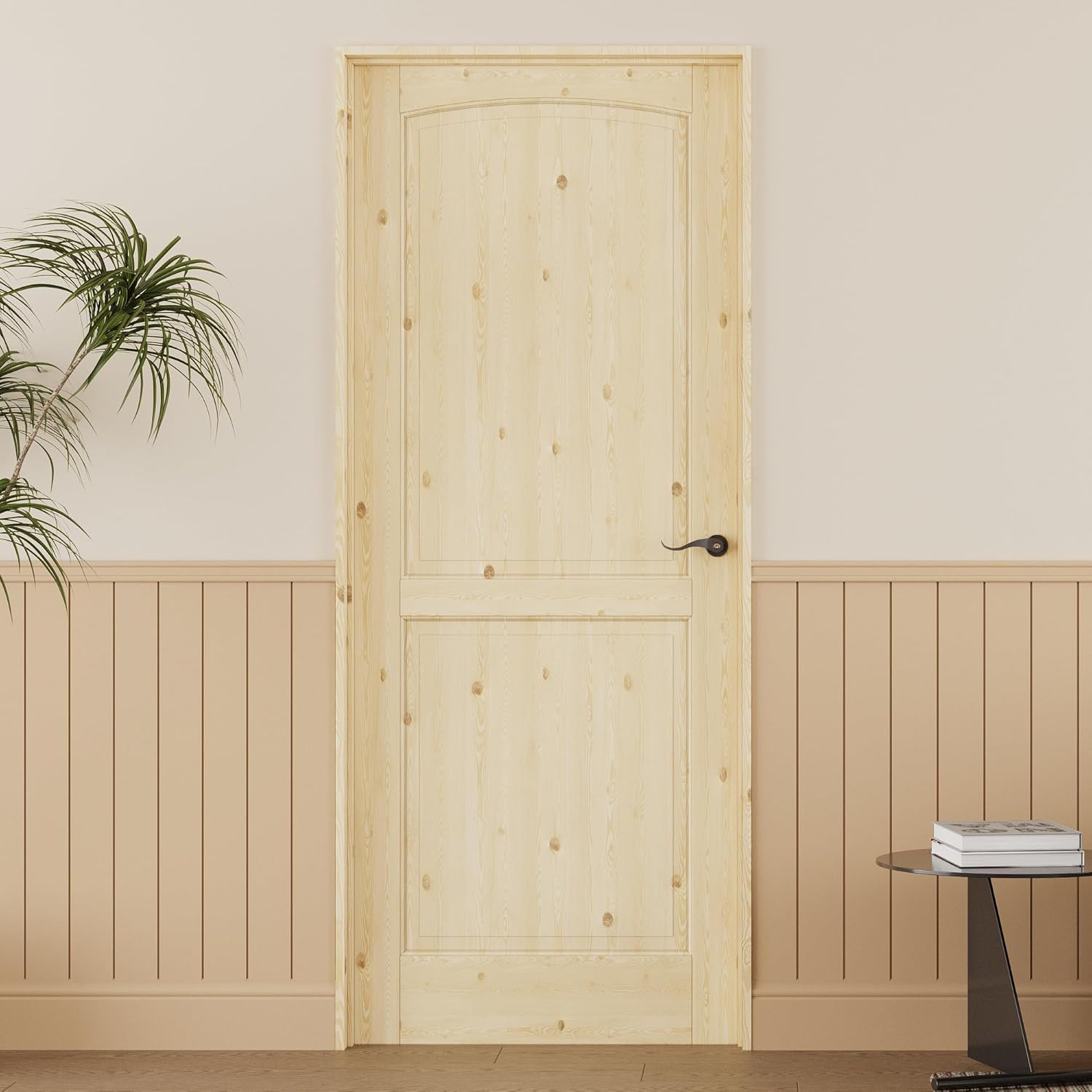 32'' x 80'' 2-Panel Wood Door, Natural Solid Pine Interior Door Slab, Arch Top, Solid Core Wooden Panel w/o Hardware, Prehung Jamb or Borehole, Pantry Doors, Single French Slab, Bedroom Door
