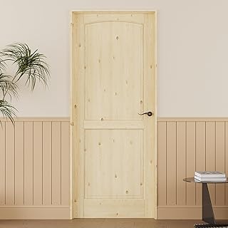 36'' x 80'' 2-Panel Wood Door, Natural Solid Pine Interior Door Slab, Arch Top, Solid Core Wooden Panel w/o Hardware, Prehung Jamb or Borehole, Pantry Doors, Single French Slab, Bedroom Door
