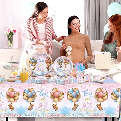 Miniatura 6 de Decoración de revelación de género juego de vajilla para revelación de género de oso para 20 invitados, incluye pancarta, platos, servilletas,