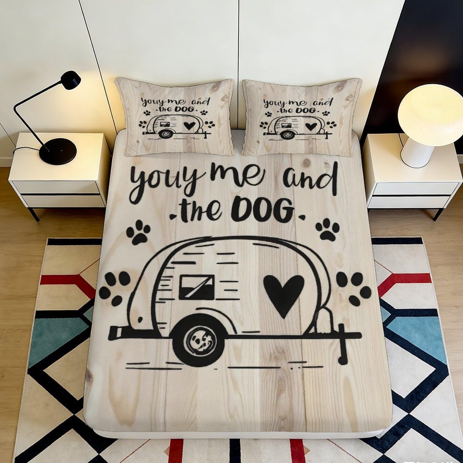 3D Printed Camper Trailer Fitted Sheet Microfiber Soft Beige Dog Lover Mattress Cover for Bedroom Dorm Use 180x200x25cm