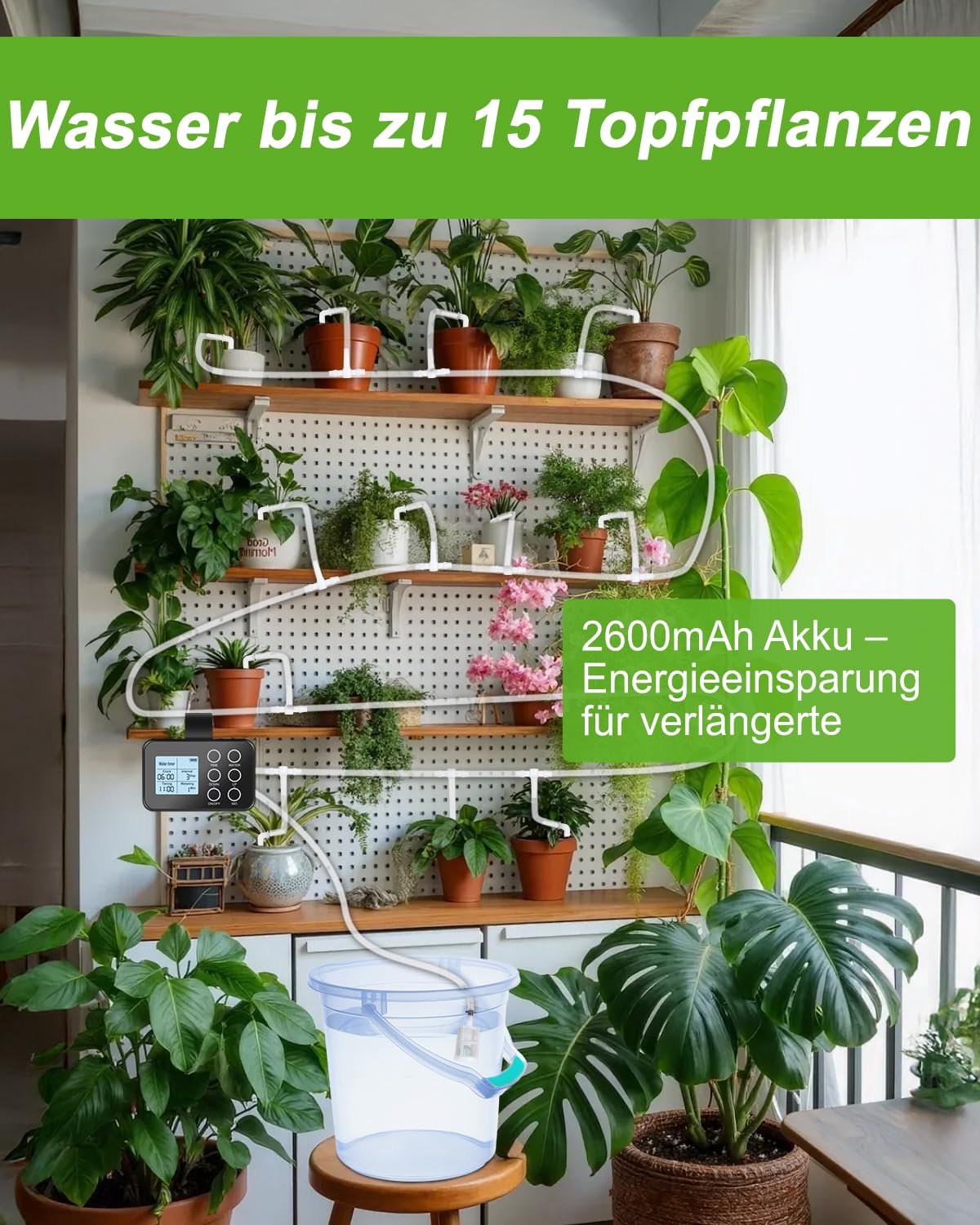 Bewässerungssystem Balkon ohne Wasseranschluss | Automatische Bewässerung | Selbstbewässerung Zimmerpflanzen, Tröpfchenbewässerung für 15 Topfpflanzen, Urlaubsbewässerung mit Timer über 30 Tage