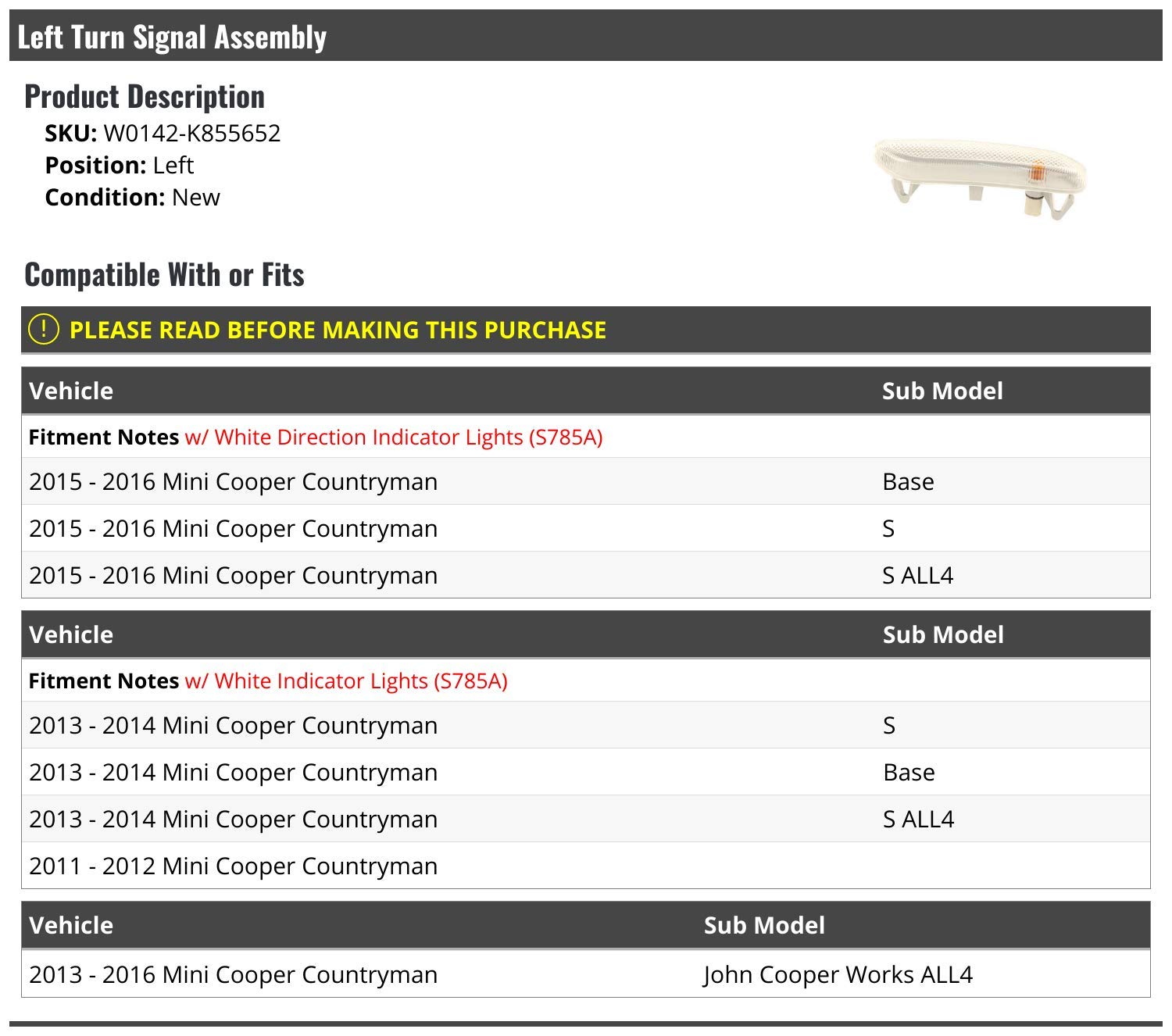 Marketplace Auto Parts Left Driver Side Turn Signal Assembly - Compatible with 2011-2016 Mini Cooper Countryman