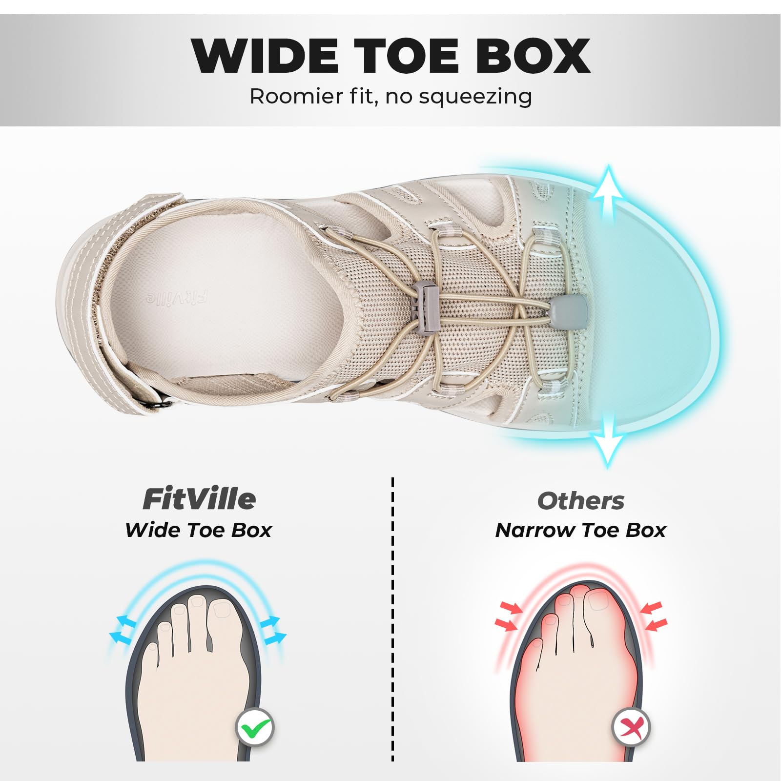FitVille Sandalias Anchas para Mujer Verano Transpirables Cómodas con Sistema de Cordón Elástico y Correa Ajustable