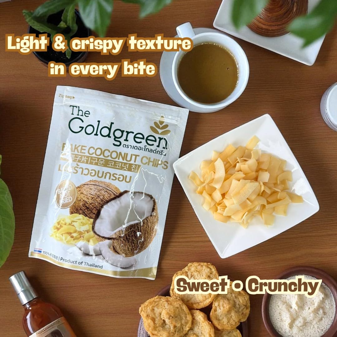 Baked Coconut Chips – Thai Crispy Snack, Toasted Coconut Flakes, 50g Bag (5, 50g.)