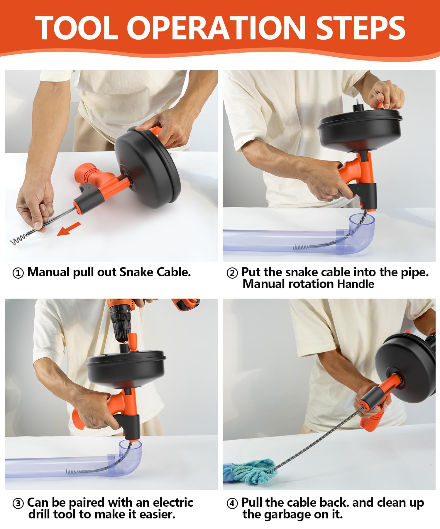 Spirale per la pulizia dei tubi con punta per trapano [10 M] – Inserimento automatico e set a spirale flessibile con tamburo in metallo per una pulizia efficace dello scarico e accesso controllabile