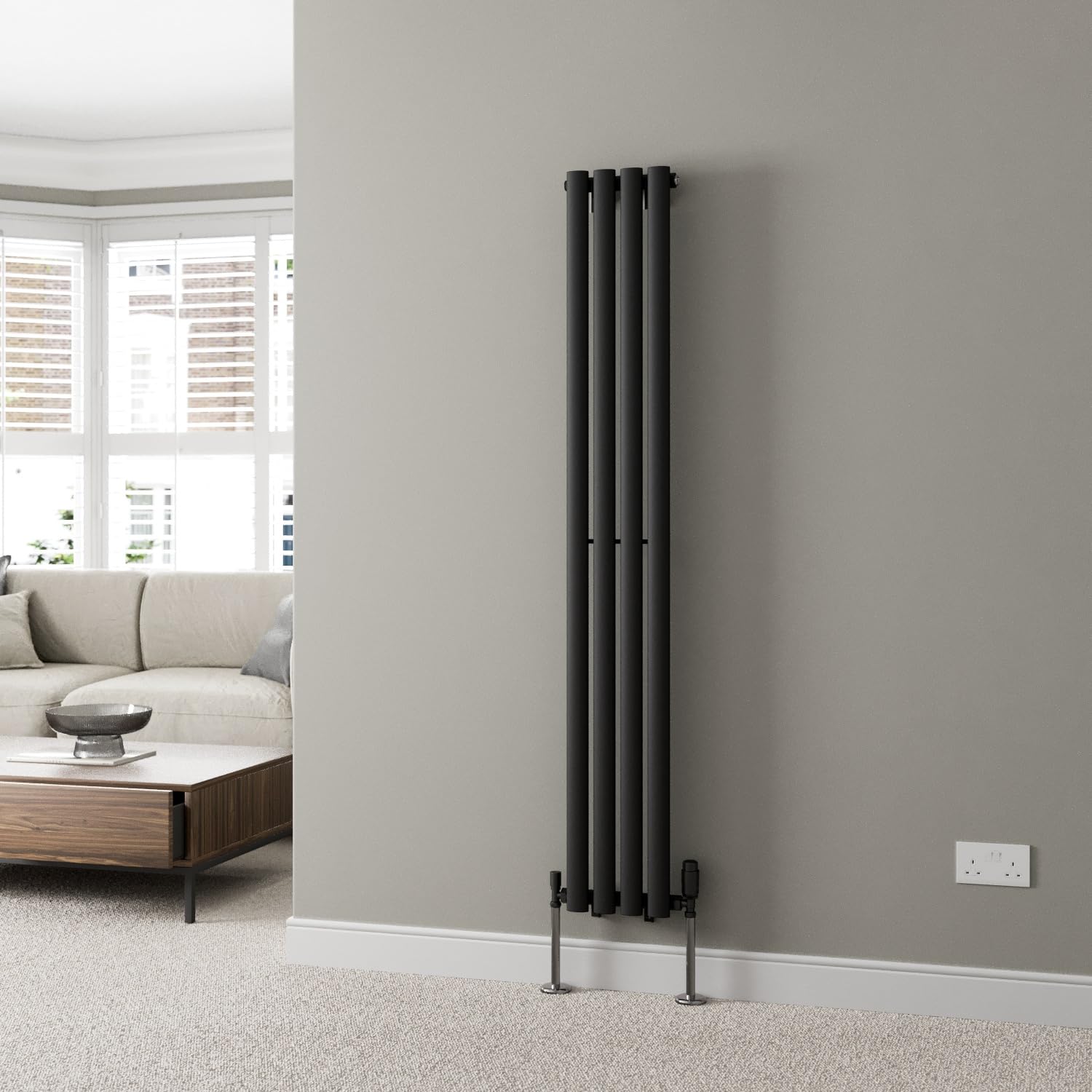 DuraTherm® 1600 x 240mm Black Vertical Designer Radiator Single Column Oval Tube Modern Central Heating Panel Bathroom Radiators
