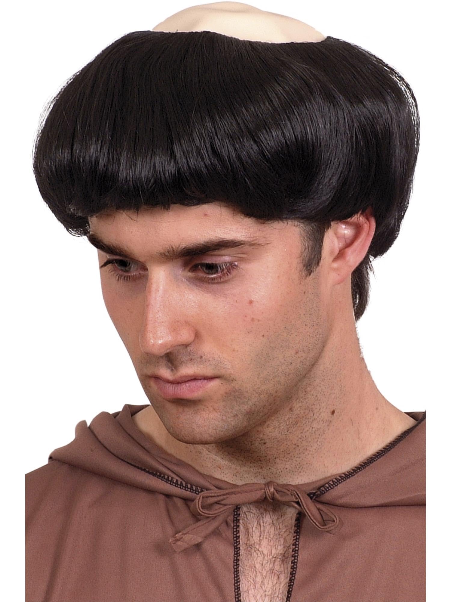 Smiffys Monk's Wig, Black Short, with Plastic Top, Saints and Sinners Fancy Dress, Adult Dress Up Wigs