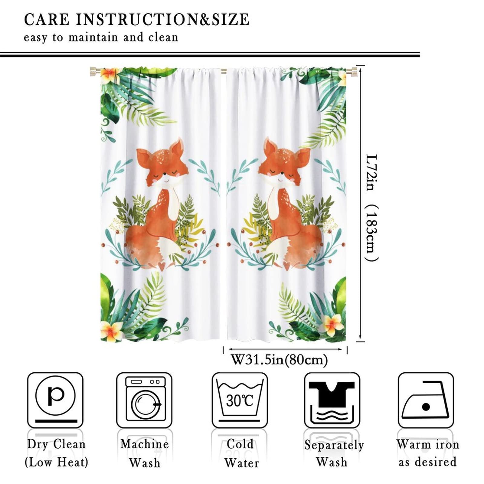 Cartoon Fox Art Rod Pocket Blackout Curtains for Living Room,Thermal Insulated Watercolor Mid Century Cute Forest Animal Fox Decor Window Treatment Drapes,2 Panels 72L x 31.5W