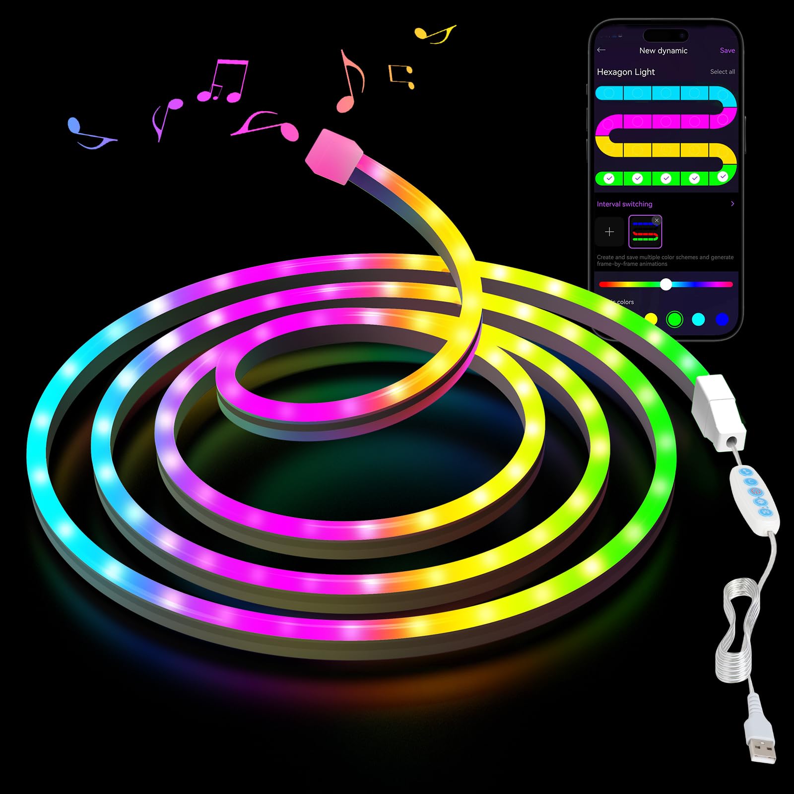Neon LED Strip 2m - RGB Neon LED Streifen mit App-Steuerung DIY-Lichteffekte Musik Sync Neon Lichtband für Wohnzimmer, Schlafzimmer, Wand Deko (2M)