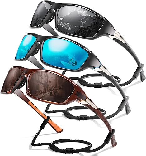 Miniatura 38 de Paquete de 3 lentes de sol deportivos polarizados para hombres, gafas de sol masculinas envolventes con protección UV para ciclismo, pesca y