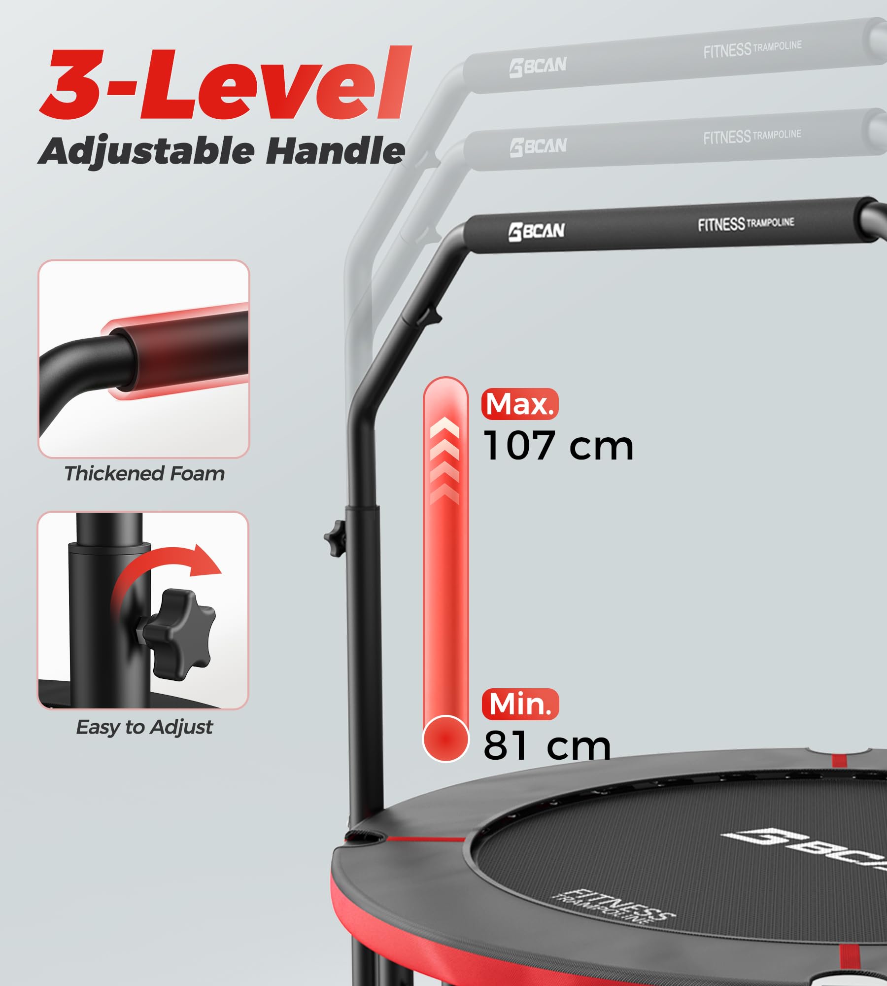 BCAN Trampolina do wnętrz, 102 cm Trampolina do skakania Fitness, składana, nośność 150 kg, wzmocniona sprężyna, regulowany uchwyt z wyściółką piankową, odpowiednia dla dorosłych i dzieci
