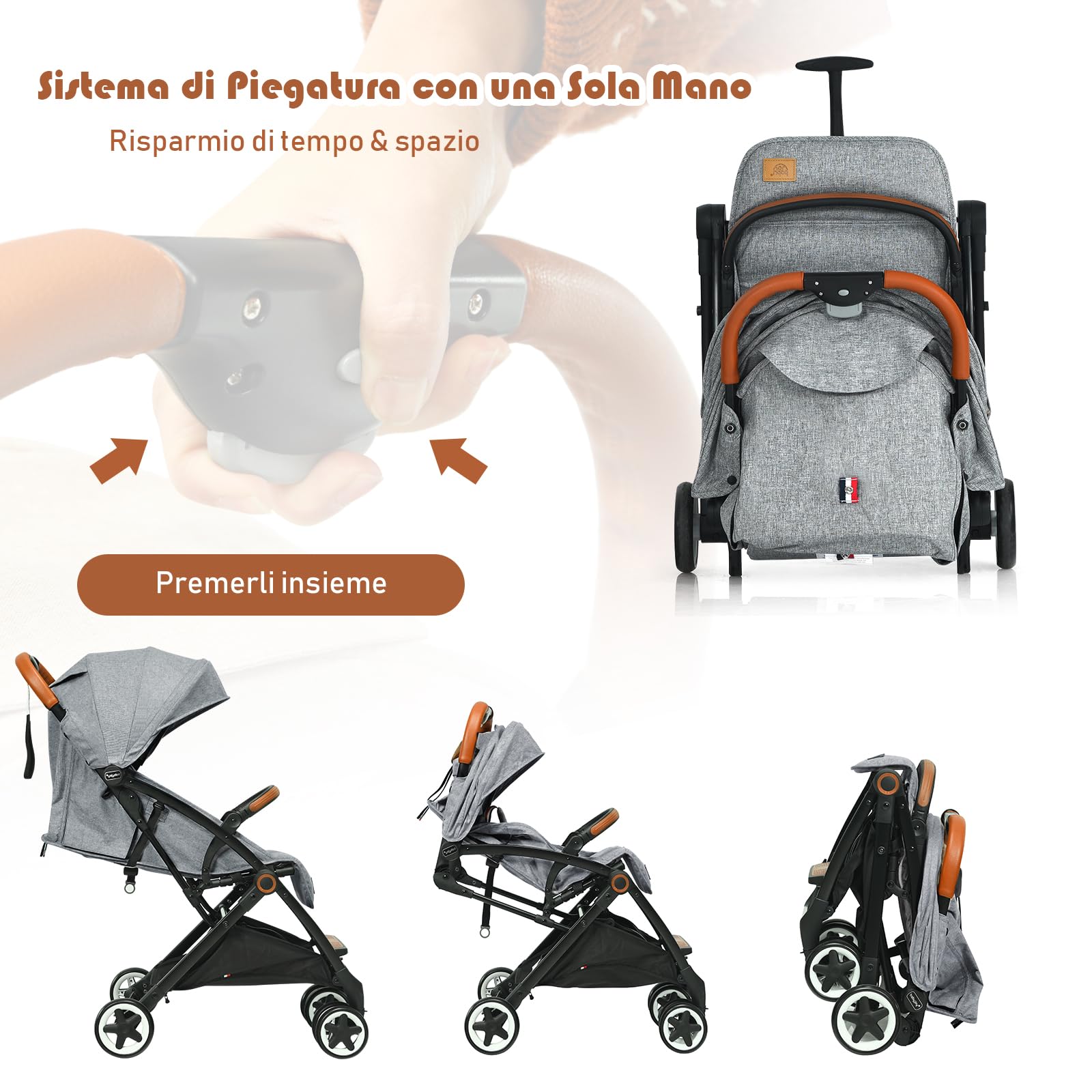 RELAX4LIFE Passeggino Leggero per Bambole 0-3 Anni, Passeggino Pieghevole con Una Mano, Telaio in Alluminio, Schienale Regolabile, Passeggino da Viaggio con Zanzariera e Cinture 5punti (Grigio)