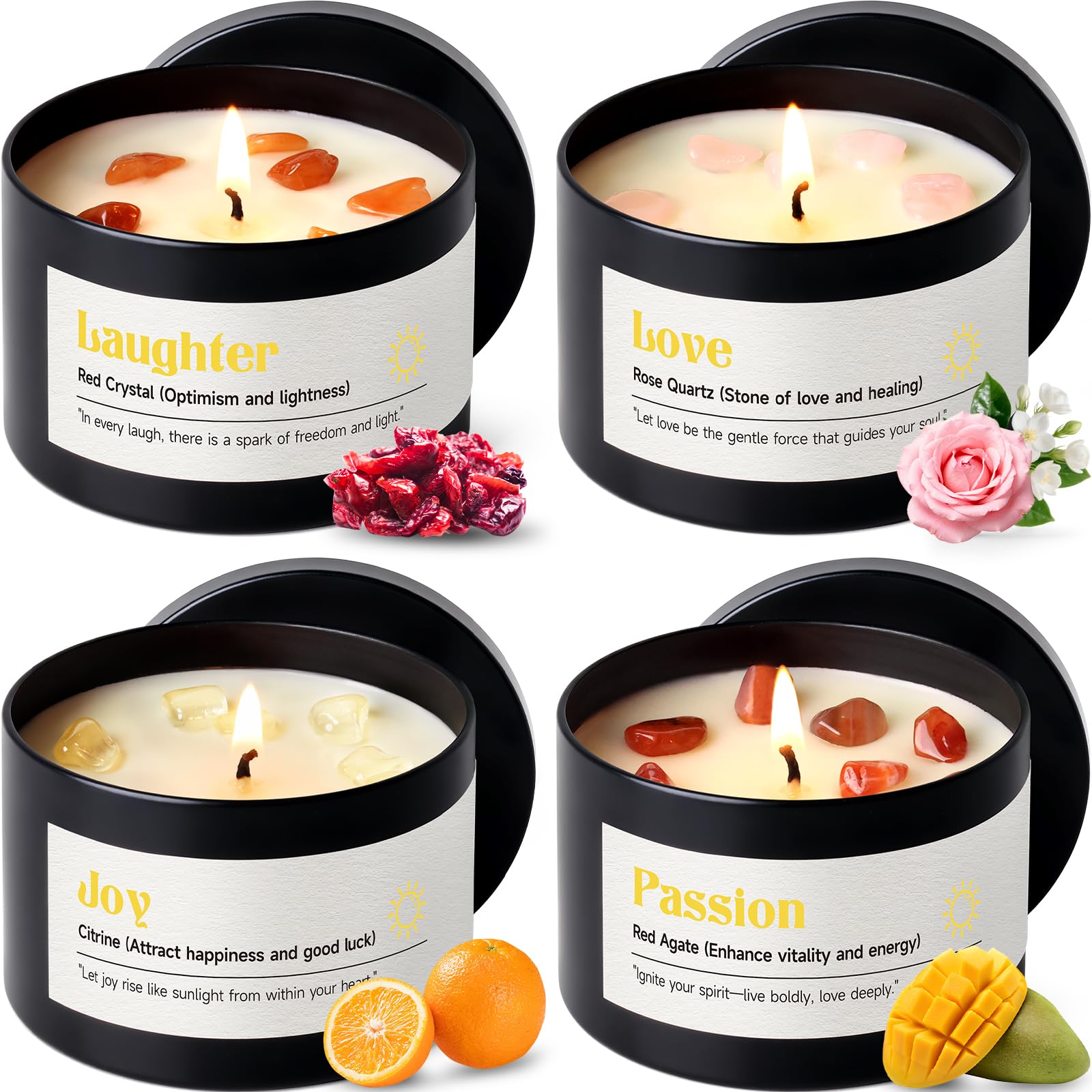 Photo 1 of ** missing one candle **
AOOVOO Crystal Energy Candles Set for Women - 4 Pack 26 oz Soy Wax Candles for Home Scented, 200 Hour Long Lasting Candle, Laughter Red Crystal/Love Rose Quartz/Joy Citrine/Passion Red Quartz