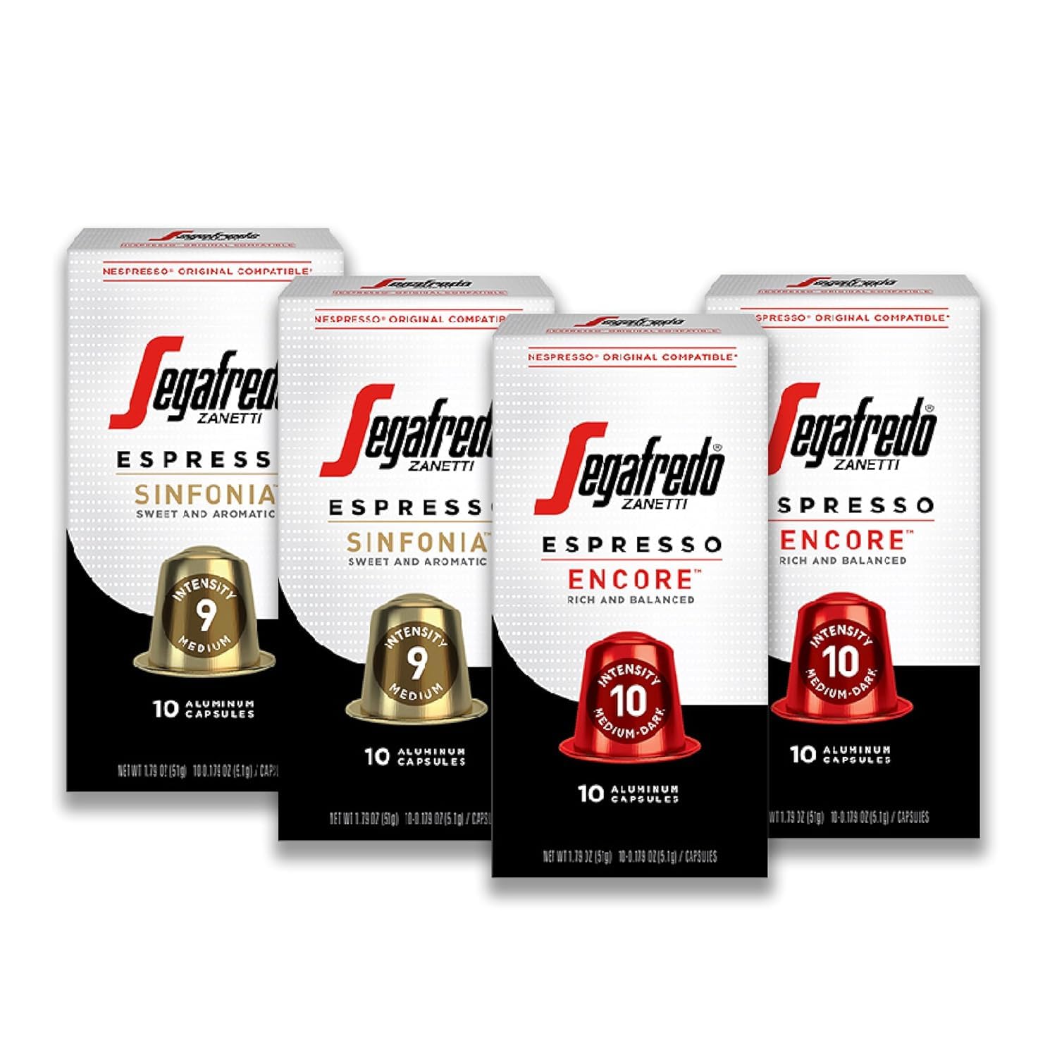 Segafredo Zanetti Espresso Capsules – Aluminum Pods for Nespresso Original Machines – Sinfonia & Encore Variety Premium Espresso – Medium & Medium-Dark Roast – Sinfonia & Encore, 10 Count (Pack of 4)