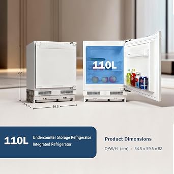 110L Integrated Fridge, Integrated Under Counter Fridge, Reversible Door, Direct Cooling, Led Light, Mechanical Temperature Control, Adjustable Levelling Legs, Removable Glass Shelves [Energy Class E]